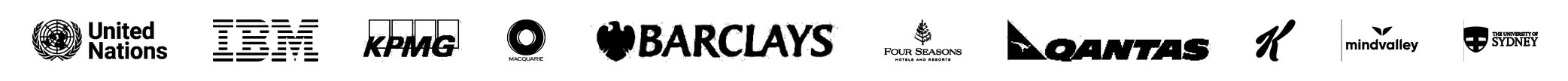 Clients including United Nations, IBM, KPMG, Macquarie, Barclays, Four Seasons, Qantas, Kellogg's, Mindvalley, University of Sydney